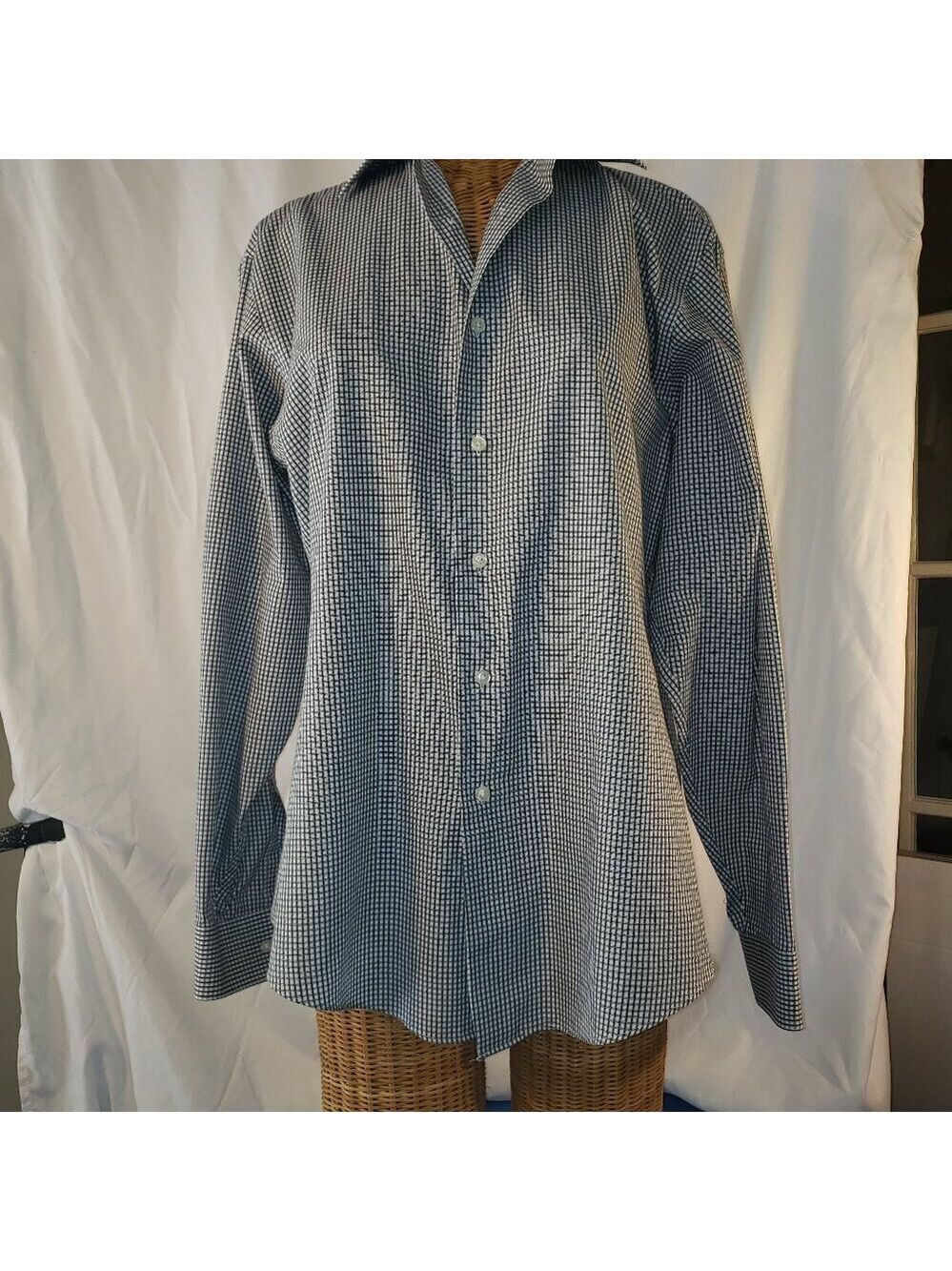 Arrow Fitted Button Down Dress Shirt, Gingham Check, Blue/White, Size 16.5 34/35